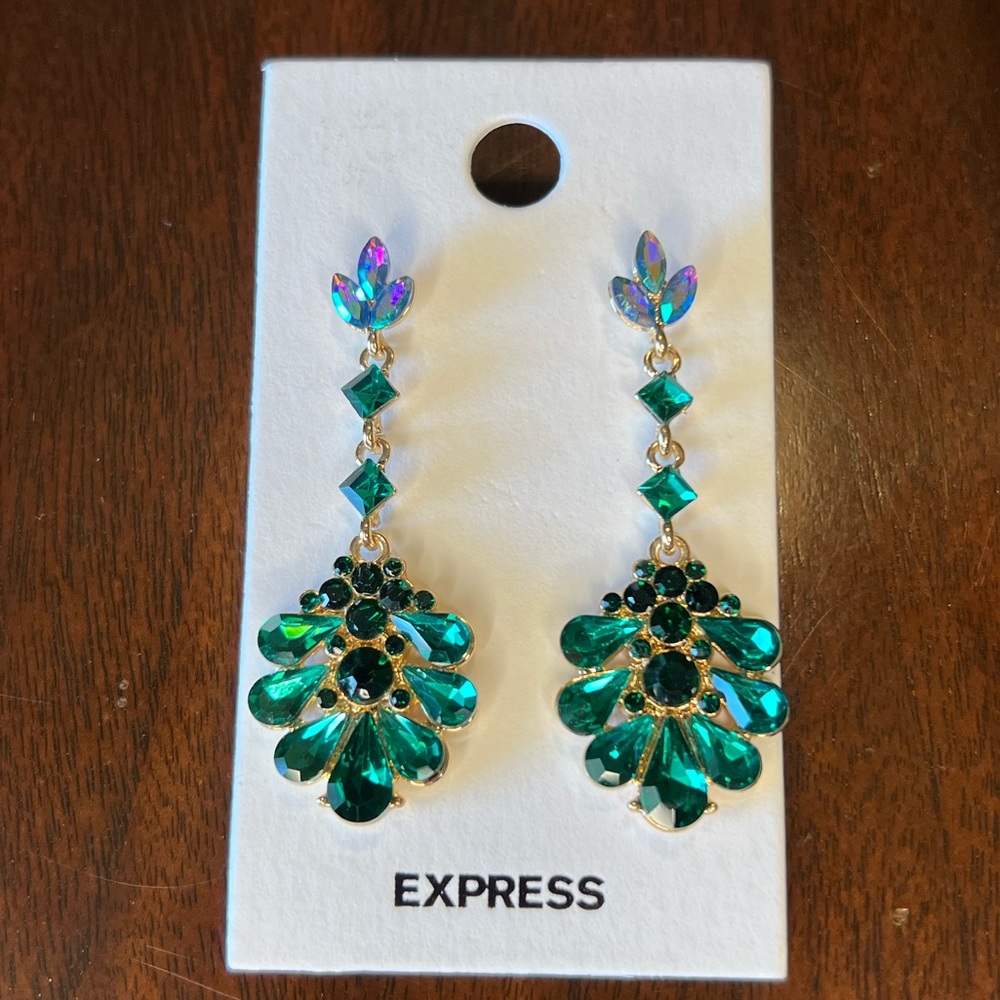 NWT Express Green Iridescent Chandelier Earrings Gold Tone Statement